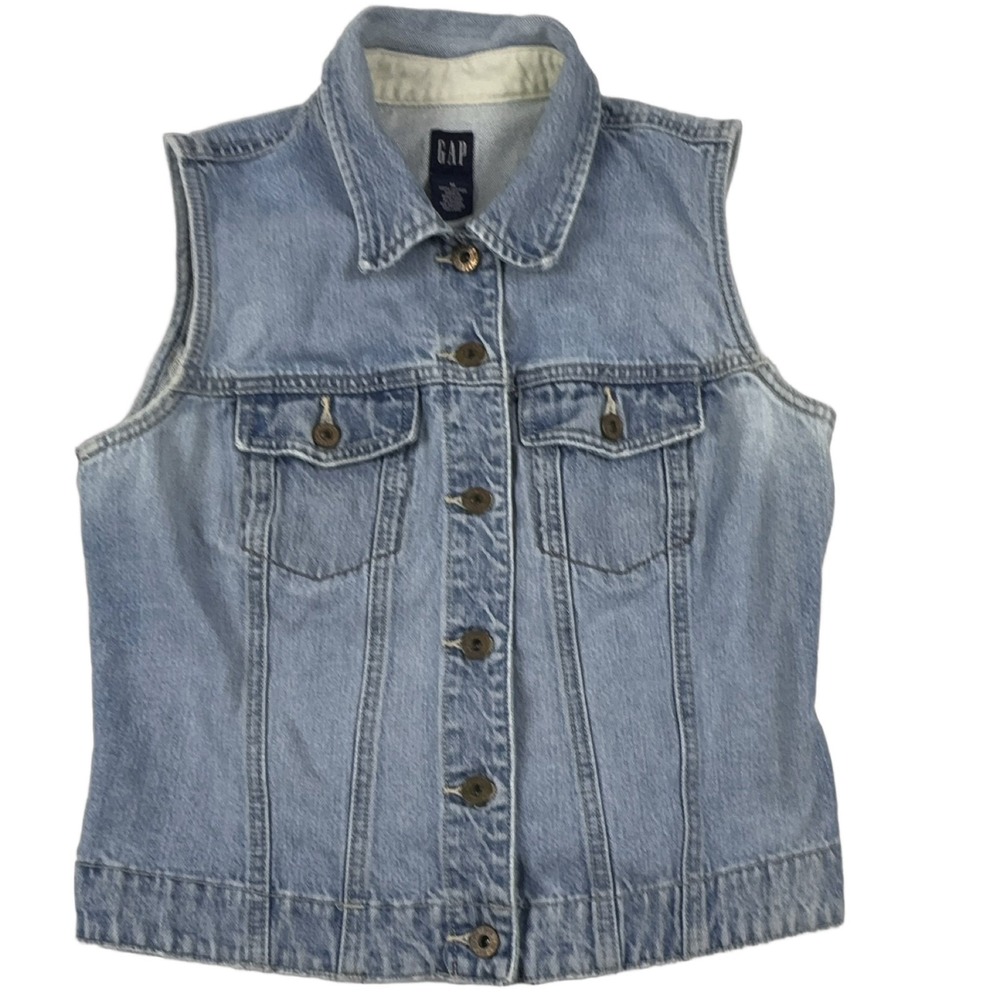 Vintage GAP Women's Denim Vest Blue Cotton Button Front Collared Pockets Size M